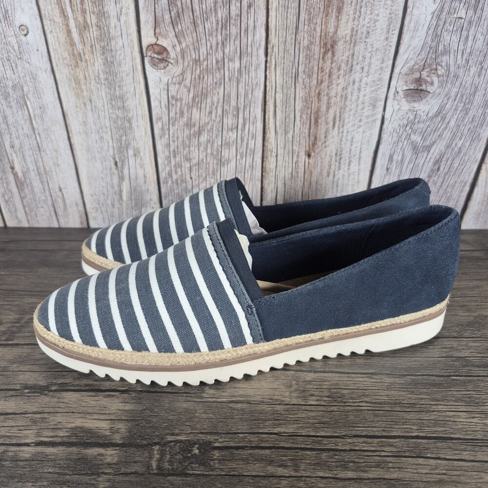 Clarks Serena Paige Loafer Womens 11 W Navy Stripe Suede Canvas Espadrille Shoes